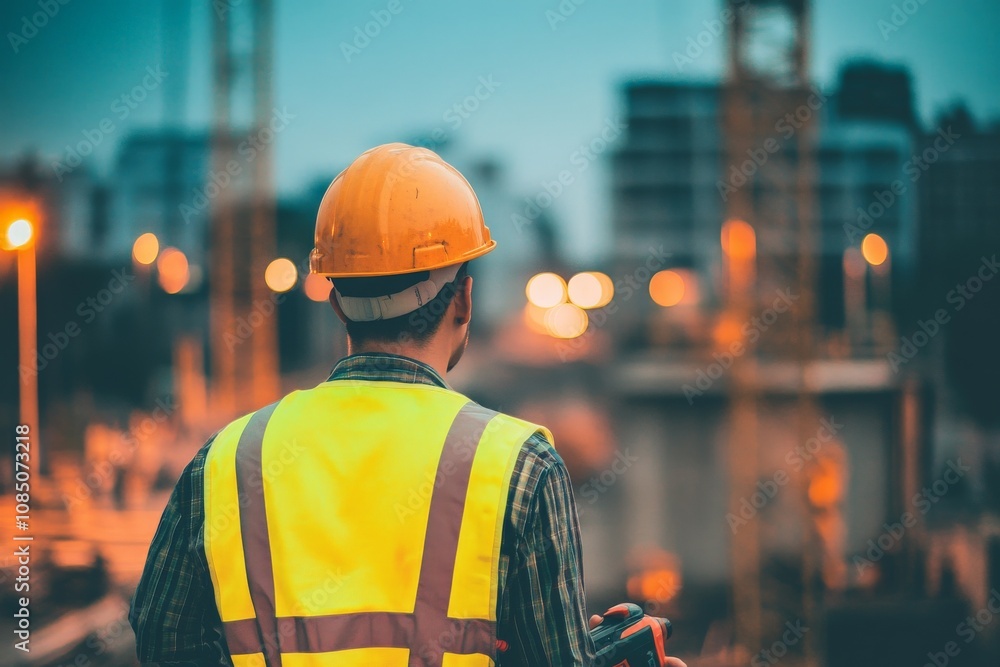 Construction Worker Overseeing Project at Dusk: Safety Helmet, Reflective Vest, and City Skyline in Background, Highlighting Urban Development and Labor. Construction Worker Overseeing Project at Dusk: Safety Helmet, Reflective Vest, and City Skyline in Background, Highlighting Urban Development and Labor.