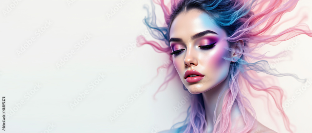 Woman with Unique Watercolor Makeup Blending into Abstract Background Woman with Unique Watercolor Makeup Blending into Abstract Background