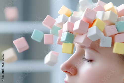 A person with their head filled of small colorful cubes representing thoughts, depicted in an artistic style photo