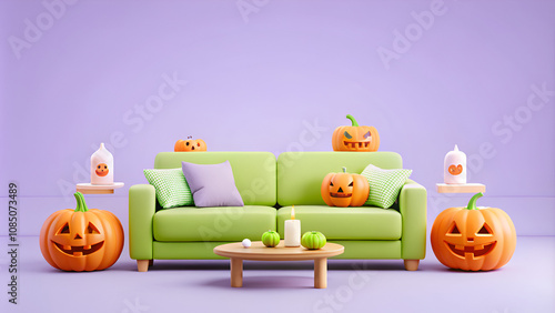 cozy living room with gray couches and halloween decorations including pumpkins and candy jars