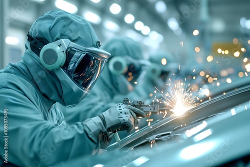 Car production line with workers wearing protective masks and robotic arms welding car body parts in the factory, automotive industry photo