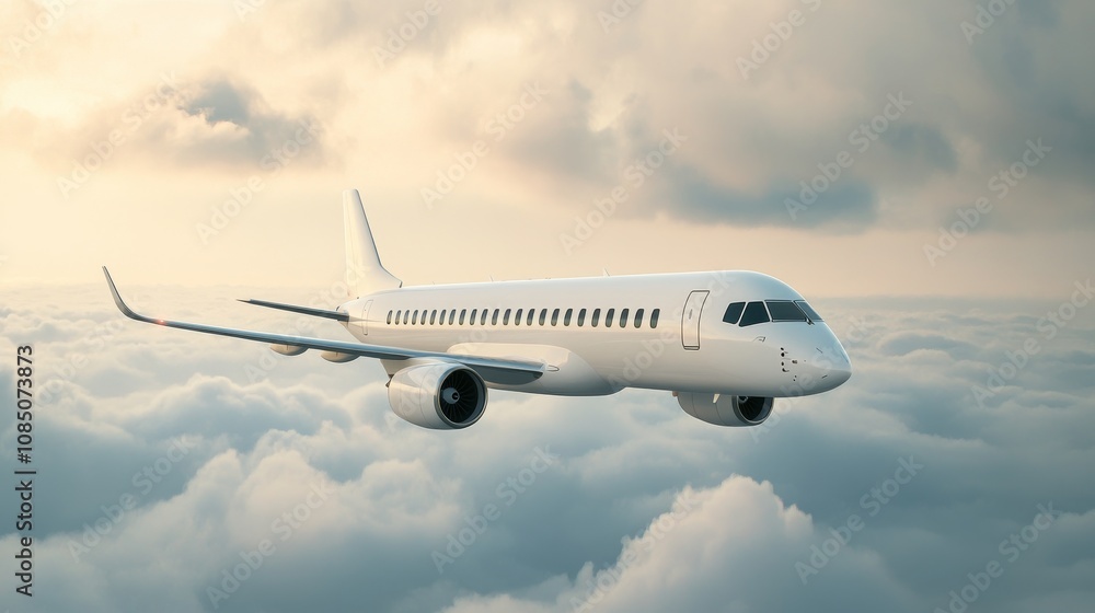 Obraz premium Airplane soaring above fluffy clouds at sunset.
