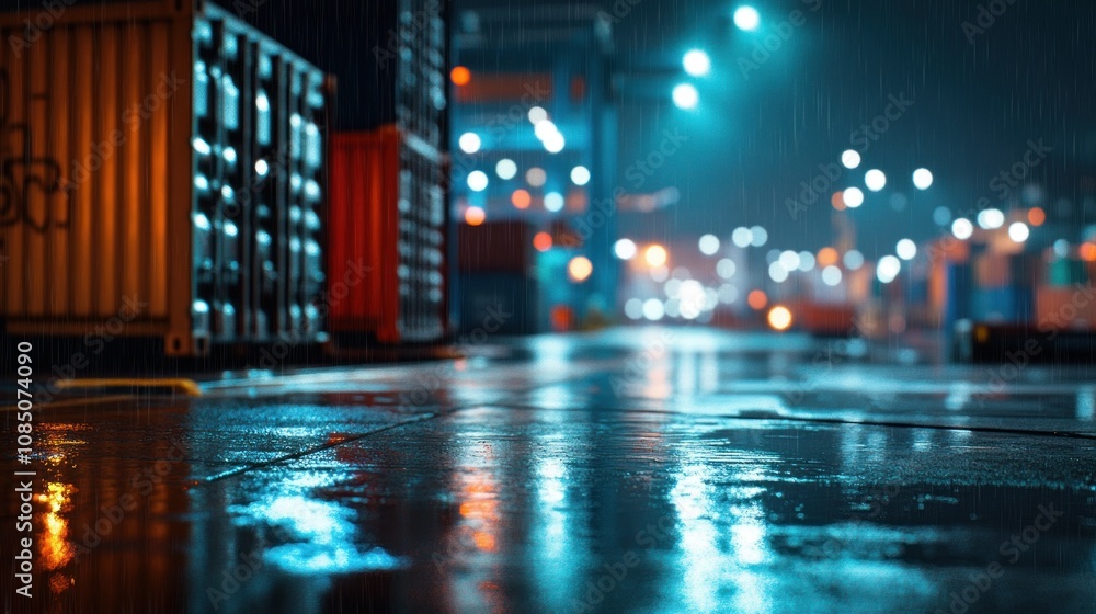 A rainy night scene in an industrial area with glowing lights and reflections. A rainy night scene in an industrial area with glowing lights and reflections.