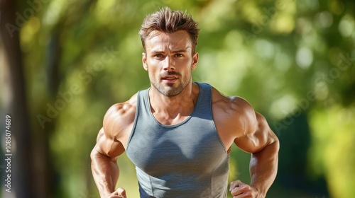 Fit Man Running Outdoors in Bright Natural Environment