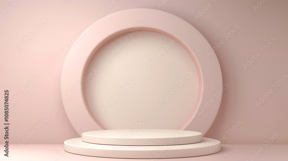 A minimalist display with circular and tiered platforms in soft pink tones, ideal for showcasing products or art. A minimalist display with circular and tiered platforms in soft pink tones, ideal for showcasing products or art.