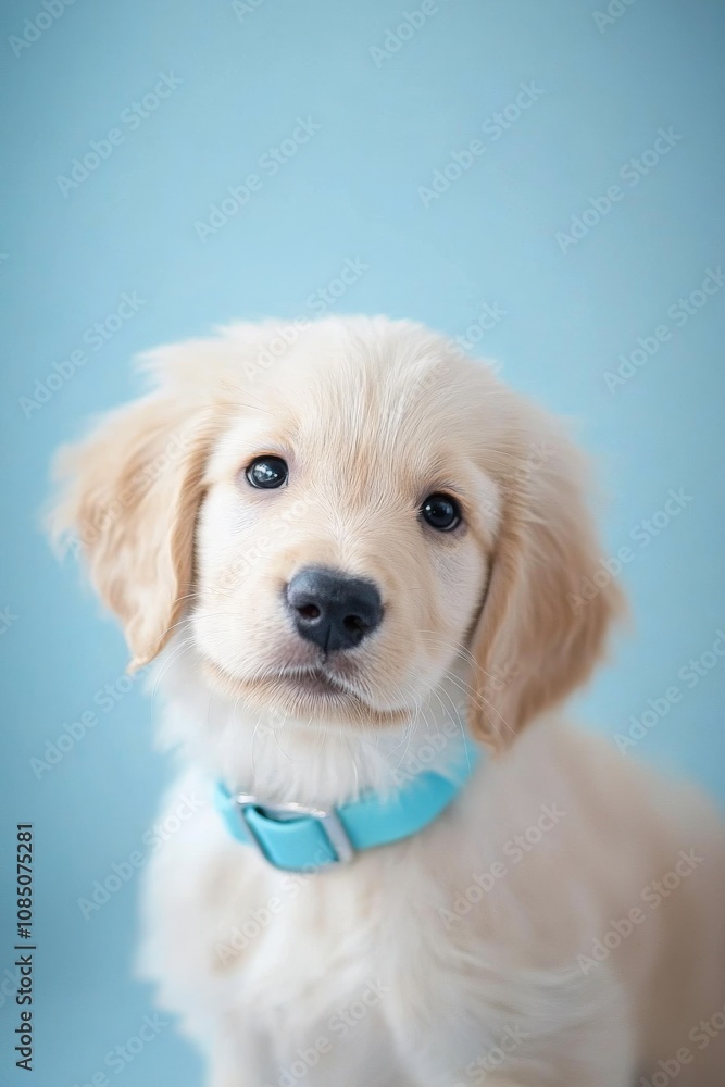Adorable Golden Retriever puppy with soft fur and bright eyes, wearing a cute blue collar, posed against a light blue background, radiating joy and innocence. Adorable Golden Retriever puppy with soft fur and bright eyes, wearing a cute blue collar, posed against a light blue background, radiating joy and innocence.