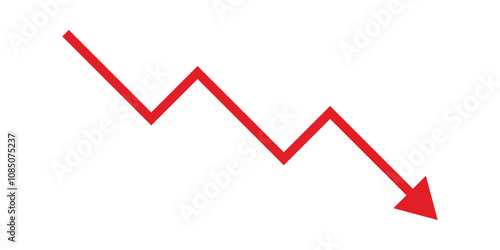 Red downward arrow graph with arrow showing downward trend. Bear market, bearish trend