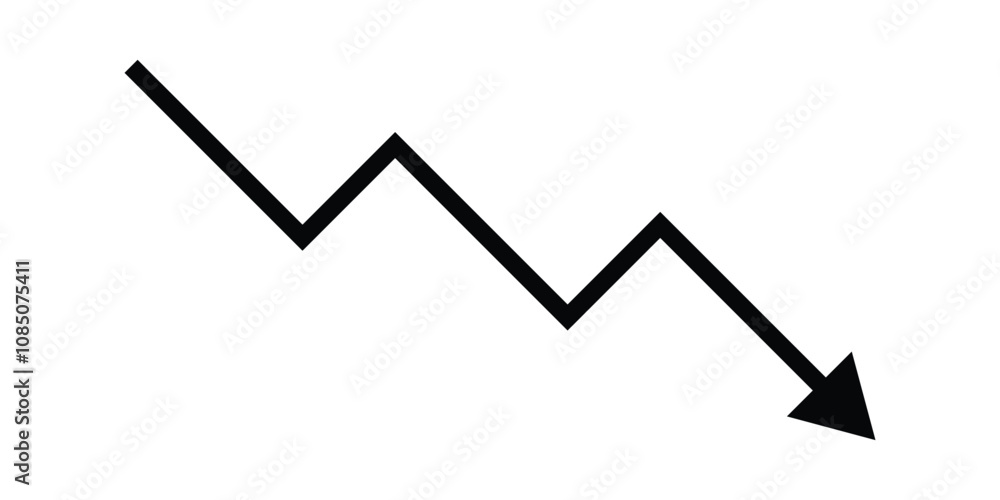 Black downward arrow graph with arrow showing downward trend. Bear market, bearish trend. Black downward arrow graph with arrow showing downward trend. Bear market, bearish trend.
