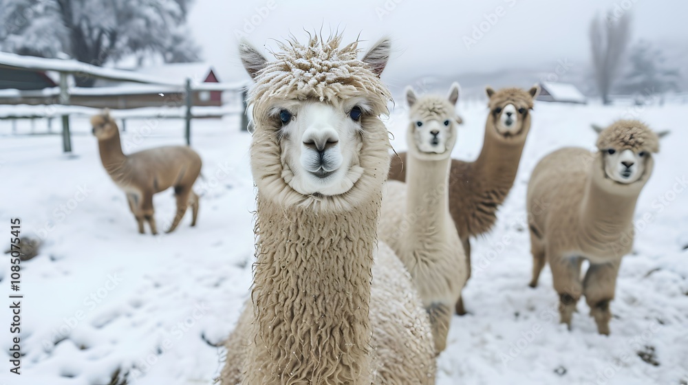 Fototapeta premium Thick-Coated Alpacas Enduring Winter’s Chill