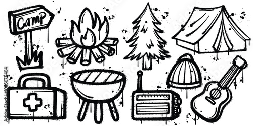 Set of graffiti spray paint camping elements vector illustration