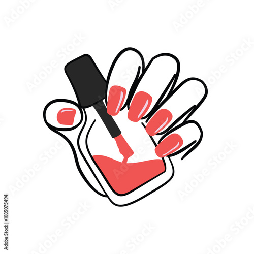 Illustration Vector stylish finger nail, Beautiful female hands holds nail polish bottle. Red nails. Manicure illustrations isolated on transparent