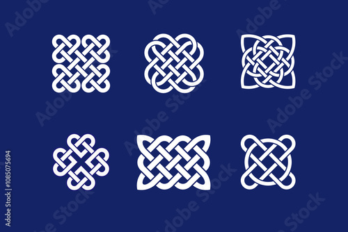 Set of Celtic knot design intricate interwoven lines. White endless loop decorative pattern on dark blue background vector illustration. Traditional symbol common to Irish and Scottish culture.