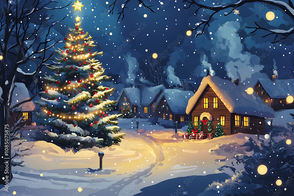 A cozy winter scene featuring a decorated Christmas tree and snow-covered cottages. A cozy winter scene featuring a decorated Christmas tree and snow-covered cottages.