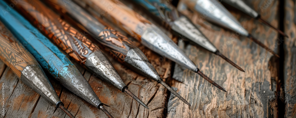 A close-up of sharpened pencils laid out on a wooden surface, showcasing their metallic tips and weathered textures. A close-up of sharpened pencils laid out on a wooden surface, showcasing their metallic tips and weathered textures.