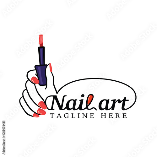 Nail Art logo with creative and unique element concept Premium Vector. Beautiful fingerhands holding a nail polish brush, Logotype