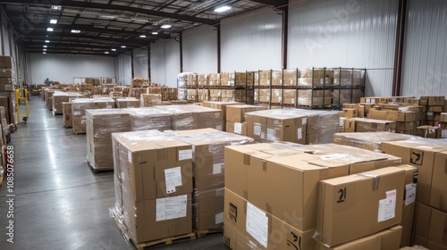 Warehouse filled with stacked boxes and pallets for storage and distribution.