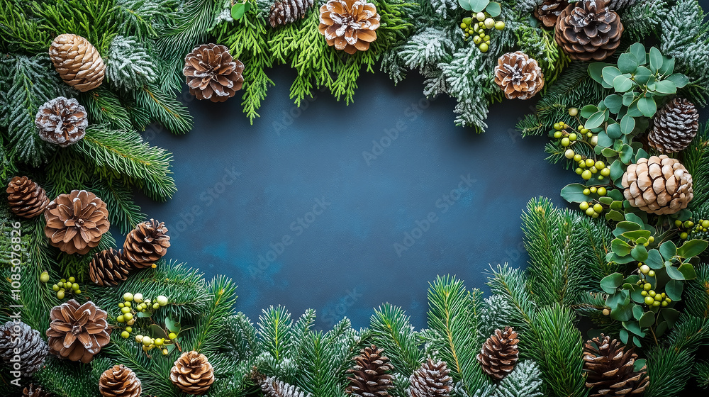 Fototapeta premium Festive Pine and Greenery Christmas Frame with Pinecones