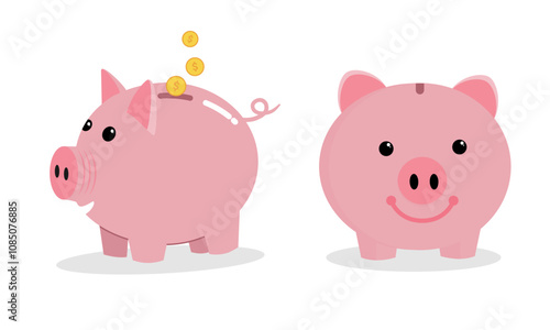 Set of smiling pink piggy bank with front and side view in a flat design. Vector Business Illustration.