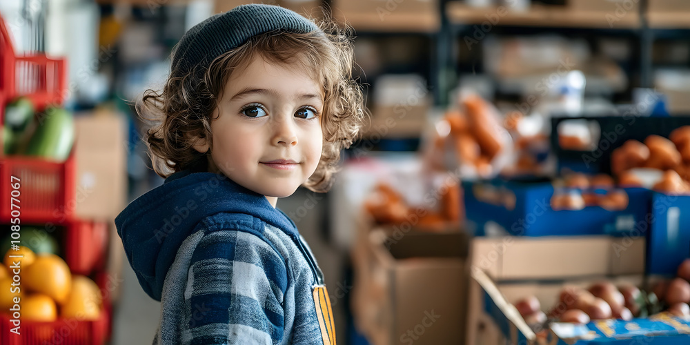 A child standing at a food bank A child standing at a food bank