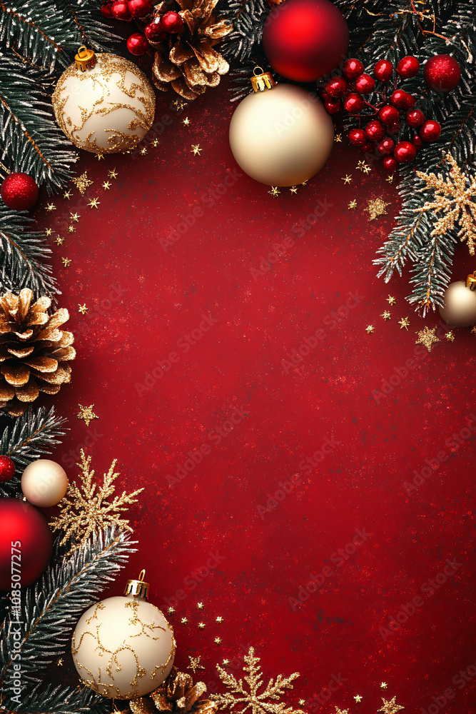Festive holiday frame with red and gold ornaments and frosted pine leaves, perfect for Christmas card designs or cheerful seasonal greetings. Festive holiday frame with red and gold ornaments and frosted pine leaves, perfect for Christmas card designs or cheerful seasonal greetings.