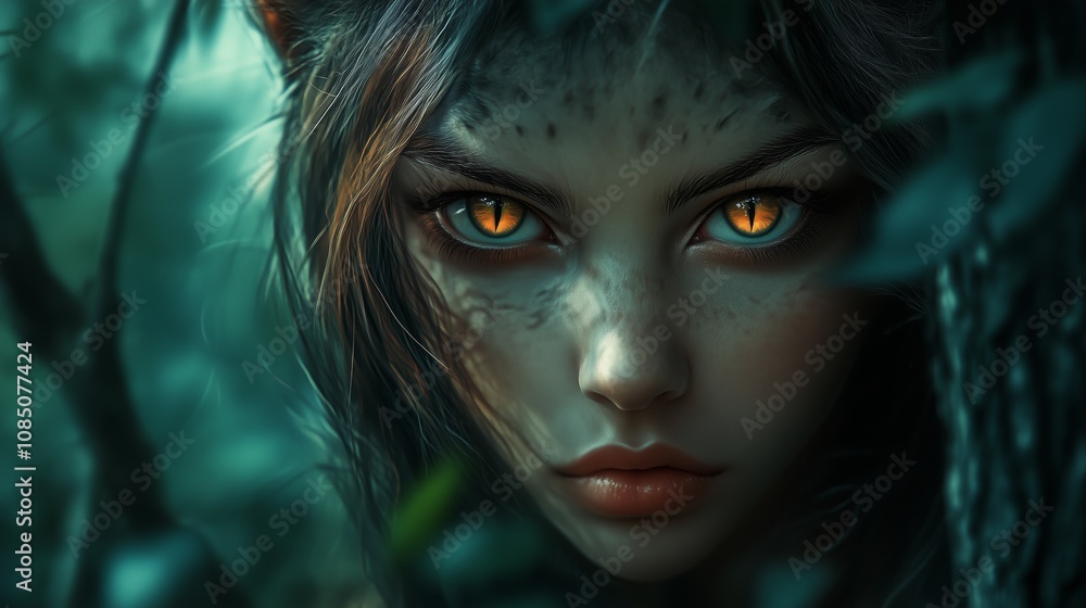 Detailed, realistic image of a half-human, half-animal young woman with feline eyes, in an enchanted forest with soft, diffused lighting Detailed, realistic image of a half-human, half-animal young woman with feline eyes, in an enchanted forest with soft, diffused lighting