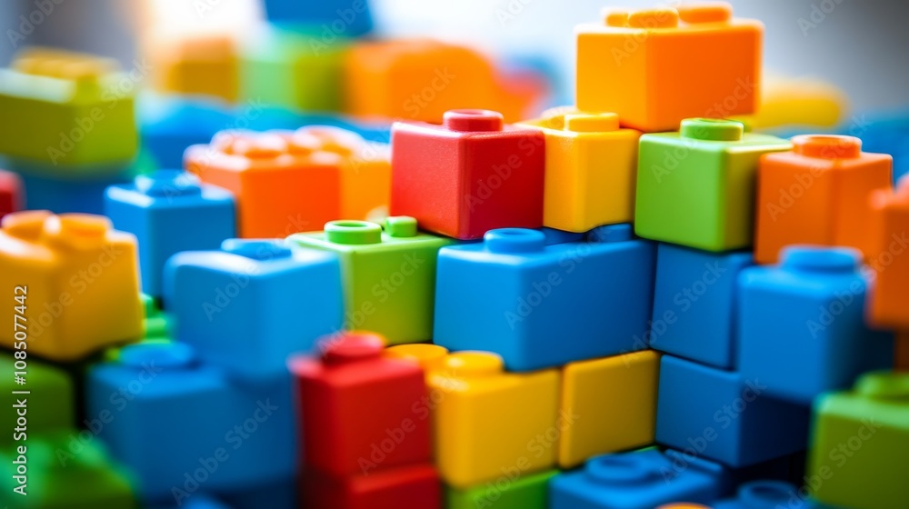 A tranquil block-building setup with colorful bricks arranged creatively, Playful construction style, photo of A tranquil block-building setup with colorful bricks arranged creatively, Playful construction style, photo of