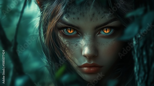 Detailed, realistic image of a half-human, half-animal young woman with feline eyes, in an enchanted forest with soft, diffused lighting