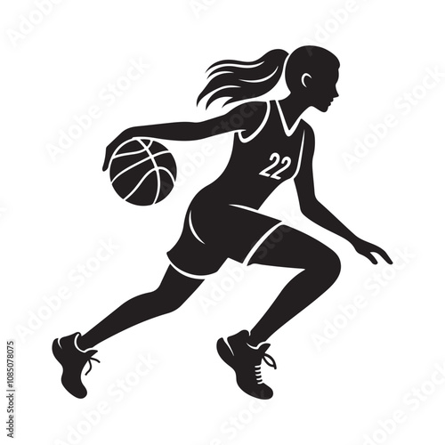 Basketball player silhouette vector.  Basketball player icon.  Basketball player dribbling illustration. 