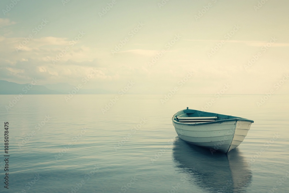 Fototapeta premium Serene Waters: A Lonesome Boat on a Calm Horizon