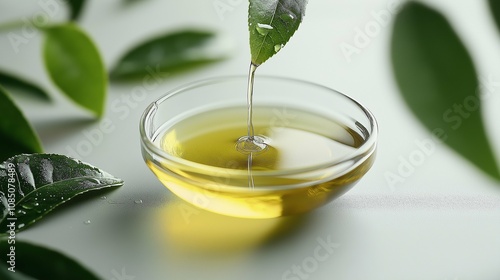 Fresh Green Leaves and Olive Oil in Glass Dish on Light Background, Natural Ingredients for Healthy Cooking and Skin Care, Close-Up View to Highlight Texture and Color