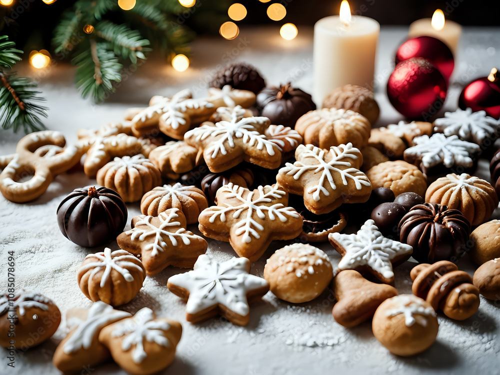 Fototapeta premium Christmas cookies with chocolate on table and white plate with Christmas tree bokeh background