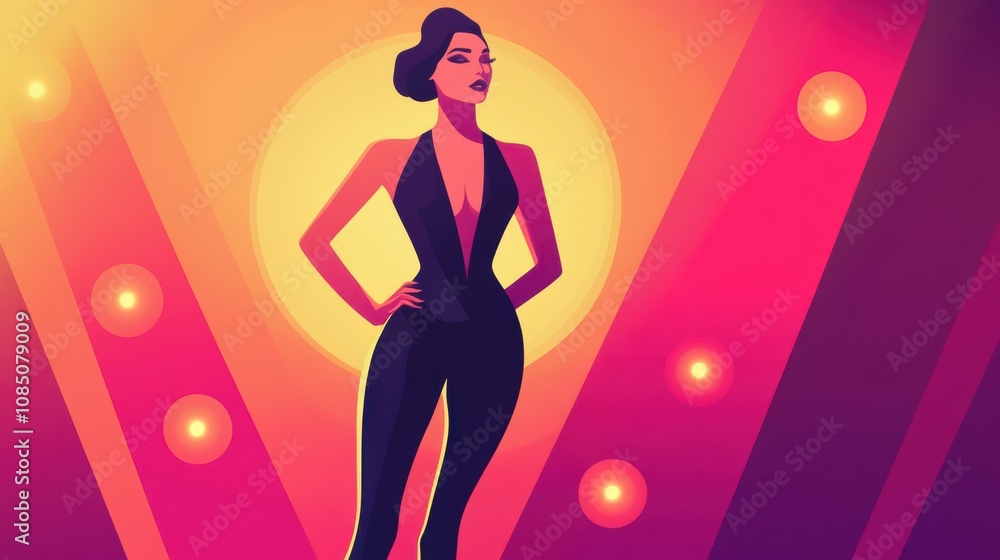 Elegant Female Model in Bold Jumpsuit on Runway Elegant Female Model in Bold Jumpsuit on Runway
