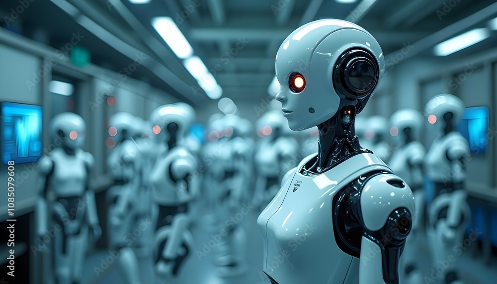 A high-tech laboratory or assembly line with humanoid robots. A single robot in the foreground is shown in profile with a shiny white exterior A high-tech laboratory or assembly line with humanoid robots. A single robot in the foreground is shown in profile with a shiny white exterior