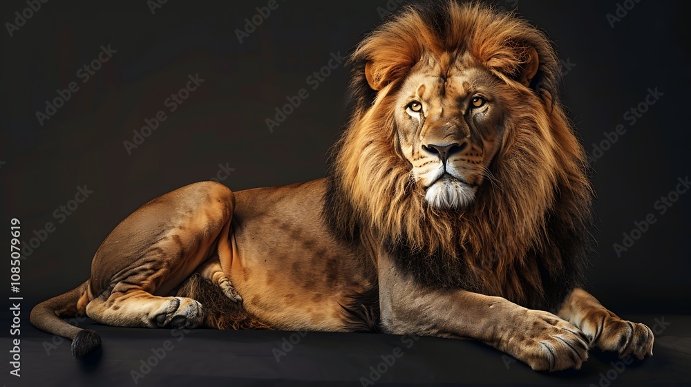 Fototapeta premium A majestic lion resting elegantly, showcasing its powerful build and striking mane against a dark backdrop.
