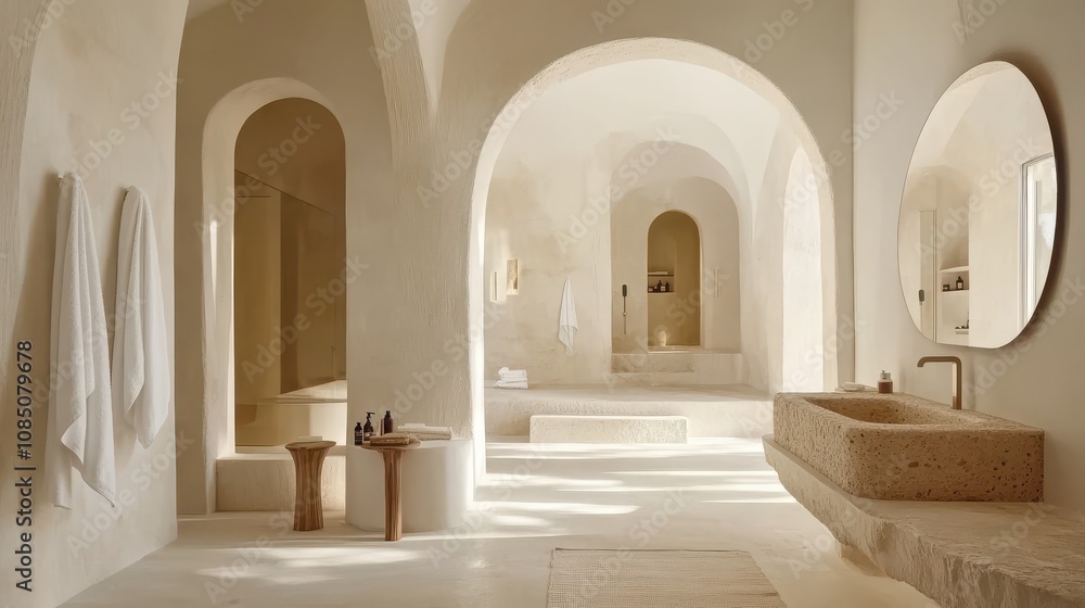 Serene and Minimalist Bathroom Interior Featuring Soft Lighting, Arched Architecture, Natural Materials, and Calm Color Palette for Relaxation and Wellness Serene and Minimalist Bathroom Interior Featuring Soft Lighting, Arched Architecture, Natural Materials, and Calm Color Palette for Relaxation and Wellness