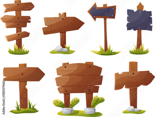 Wooden sign boards set. Realistic wood sign posts on the grass. Blank arrows with wood texture, plywood road pointers and timbers for showing direction, isolated on white. Cartoon vector illustration.