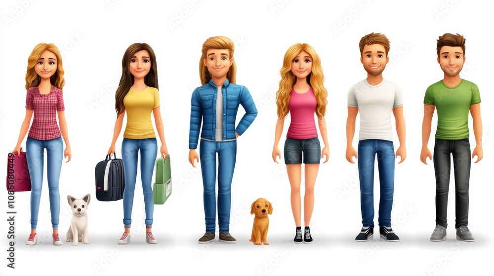 Fototapeta premium Diverse animated characters with pets and bags.