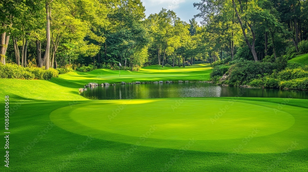 Obraz premium A tranquil golf course setting with meticulously groomed fairways, Golfing essentials elegantly displayed, Classic sporting style