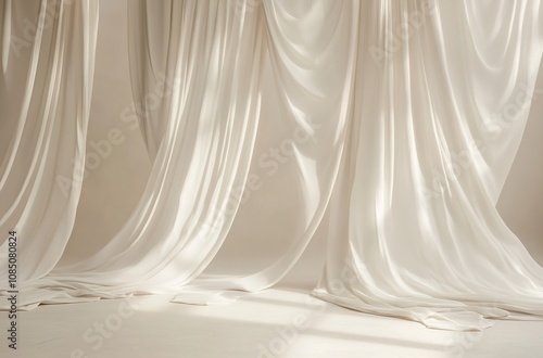 White stage with soft, draped fabrics in the background photo