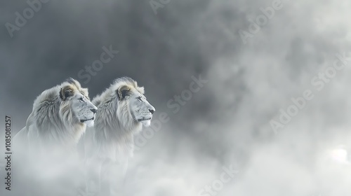 Two majestic white lions gazing through a misty landscape, evoking a sense of tranquility and strength.
