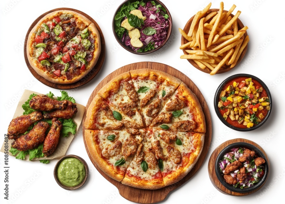 Delicious pizza, chicken wings, french fries, and various vibrant salads arranged together on a white background, representing a complete meal. Delicious pizza, chicken wings, french fries, and various vibrant salads arranged together on a white background, representing a complete meal.