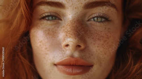 A close-up portrait of a young woman with freckles and red hair, showcasing natural beauty and soft features.