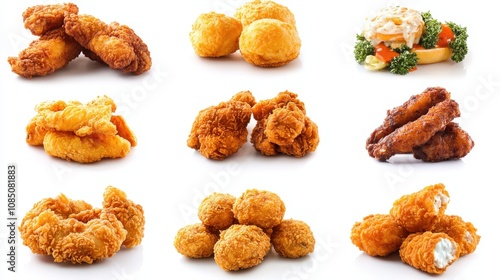 Delicious variety of crispy fried chicken tenders, nuggets, wings, and popcorn chicken, perfect for fast food menus, restaurant advertising, or food blogs.