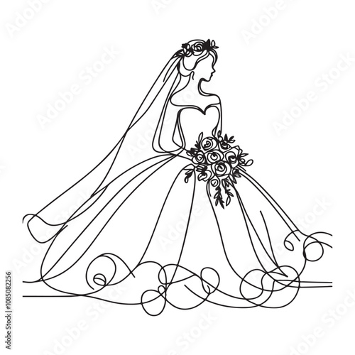 One continuous single drawing black line art doodle of bride outline vector illustration on white background