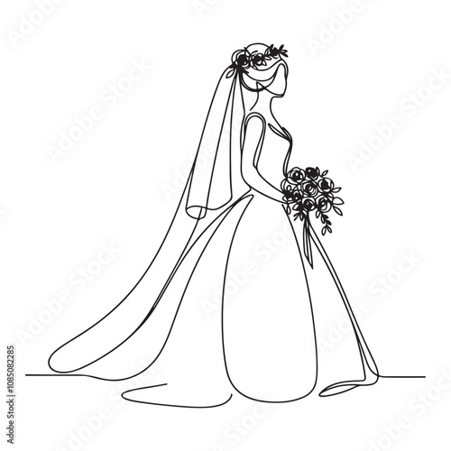 One continuous single drawing black line art doodle of bride outline vector illustration on white background
