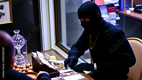 Robber in a balaclava steals jewelry and money from a table photo