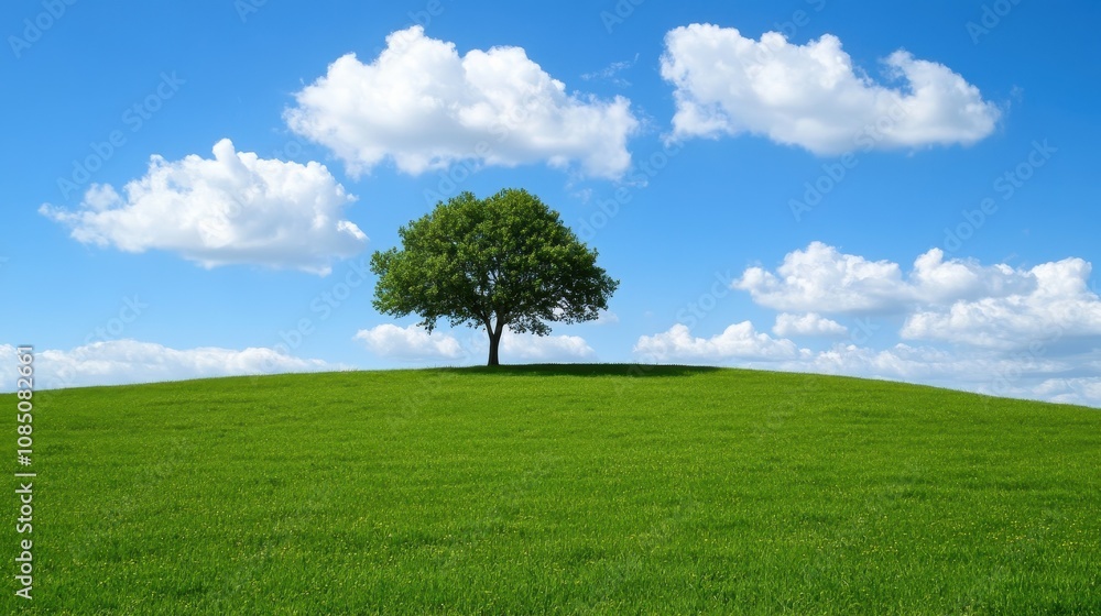 Serene tree growing on lush green hill under bright blue sky nature photography peaceful landscape captured from below Serene tree growing on lush green hill under bright blue sky nature photography peaceful landscape captured from below