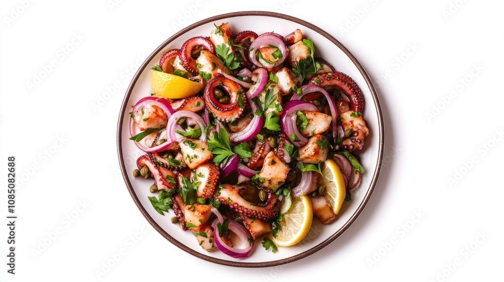 A vibrant plate of octopus salad with onions and lemon slices. A vibrant plate of octopus salad with onions and lemon slices.