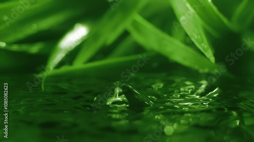 Slow motion macro shot of water droplet falling from fresh green leaf. Alternative herb skin care medicine concept. Herbal essence dropping from leaf. Organic serum drop or green tea tree oil extract