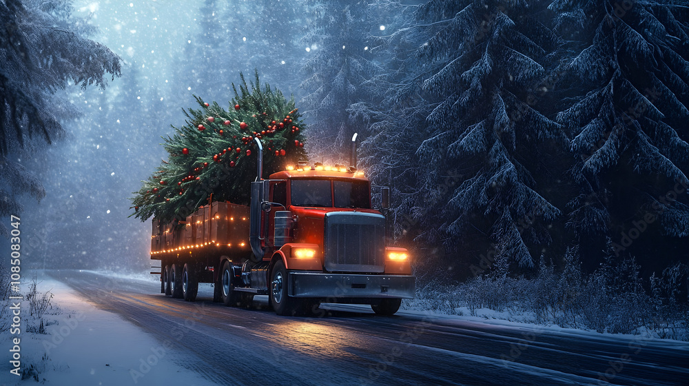 Red Christmas decorated car carrying Christmas tree in a winter forest covered with snow in snowfall. Concept of Christmas transportation, shipping and delivery. Red Christmas decorated car carrying Christmas tree in a winter forest covered with snow in snowfall. Concept of Christmas transportation, shipping and delivery.